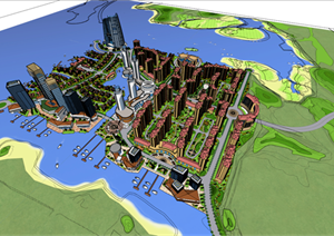 沿海城市综合体+综合体社区建筑设计SU(草图大师)精致模型