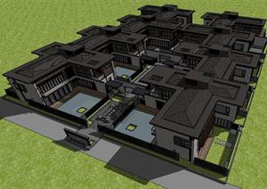 中式合院别墅建筑SU(草图大师)精致设计模型