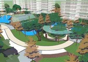 新中式高层小區中庭景观方案SU(草图大师)精致设计模型