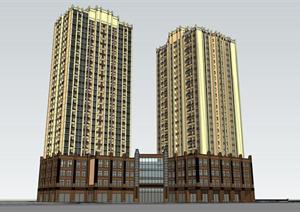新古典风格底层商业+高层住宅建筑SU(草图大师)模型设计