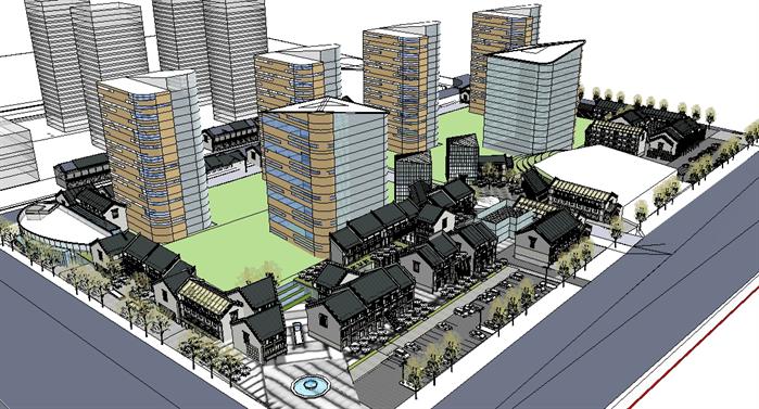 中式商业街+现代办公楼综合体SketchUp精致设计模型(1)