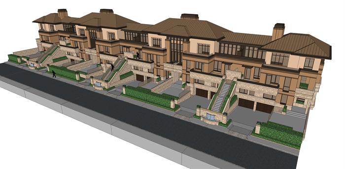 新古典坡屋顶联排别墅建筑设计方案鸟瞰图(2)