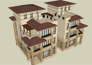 某双拼独栋欧式别墅建筑方案设计SU(草图大师)模型