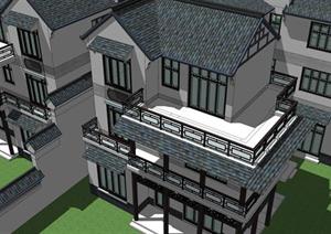某新中式大双拼别墅建筑方案设计SU(草图大师)模型