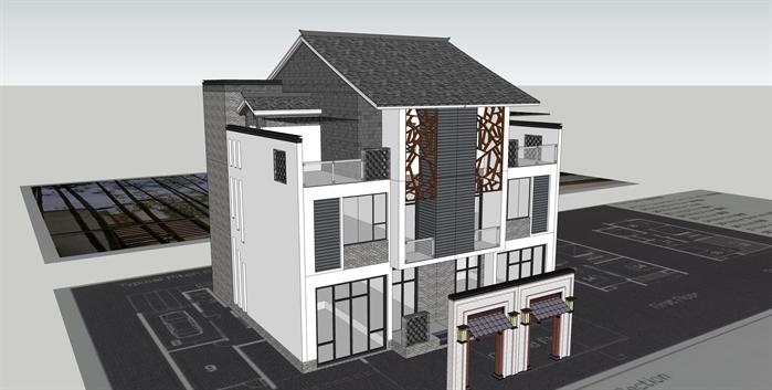 某中式联排三层别墅建筑方案设计SU模型视角1