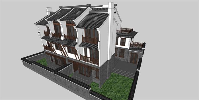 某中式联排三层别墅建筑方案设计SU模型视角2