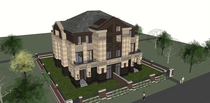 长沙某新古典双拼别墅建筑方案设计SU模型视角1