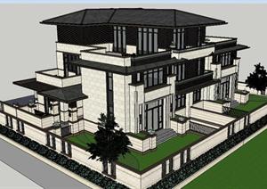 某新中式双拼豪宅别墅建筑方案设计SU(草图大师)模型