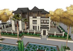 某东南亚风格度假别墅建筑方案设计SU(草图大师)模型（含景观）