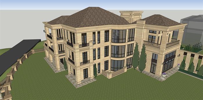 一个独栋新古典别墅建筑方案设计SU模型视角1