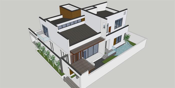 某新中式别墅建筑方案设计SU模型视角3