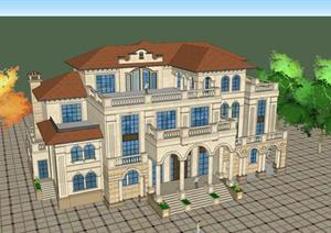 欧式独栋别墅建筑设计方案SU(草图大师)模型（含CAD施工图）