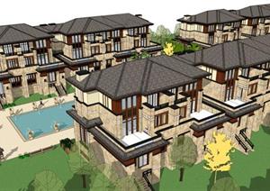 东南亚风格排屋别墅建筑方案SU(草图大师)模型