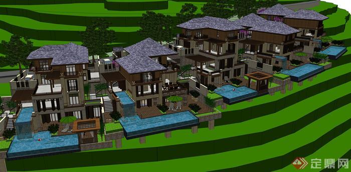 某东南亚风格坡地度假别墅建筑方案设计SU模型
