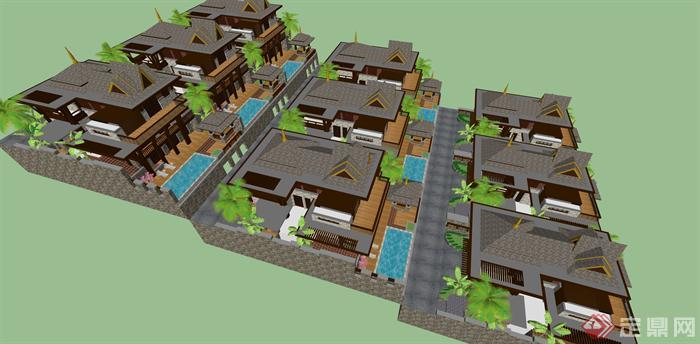 某东南亚风格坡地联排别墅群建筑方案设计SU模型视角1