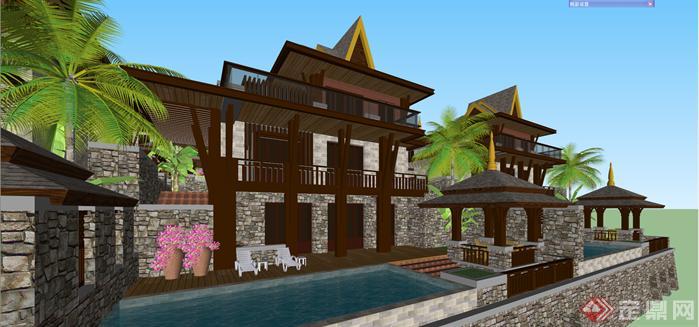 某东南亚风格坡地联排别墅群建筑方案设计SU模型视角3