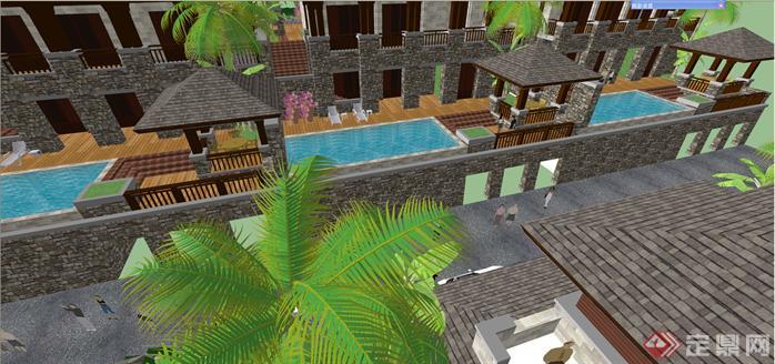 某东南亚风格坡地联排别墅群建筑方案设计SU模型视角6