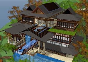 某东南亚风格小岛度假别墅建筑方案设计SU(草图大师)模型（含景观）