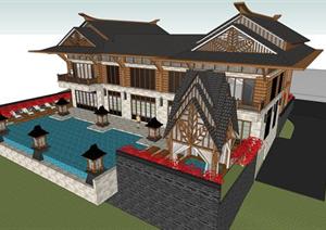 某东南亚风格酒店度假别墅建筑方案设计SU(草图大师)模型