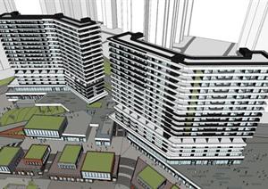 某现代山地商业广场、住宅建筑设计方案SU(草图大师)模型