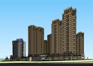 某简欧式高层公寓+商业酒店建筑设计SU(草图大师)模型