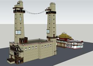 某藏族风格碉楼建筑设计方案SU(草图大师)模型