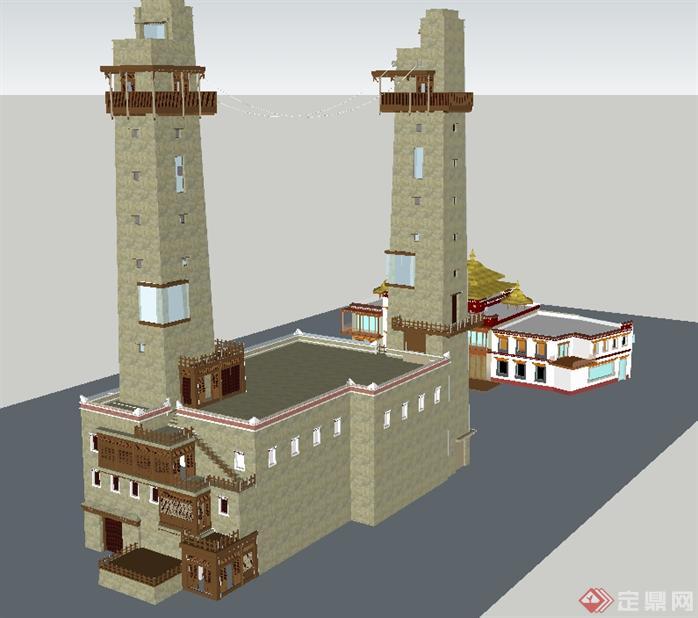 某藏族风格碉楼建筑设计方案SU模型3