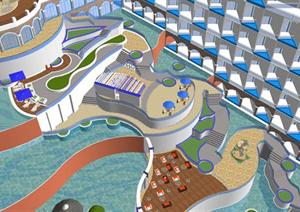 某现代风格滨海酒店建筑设计SU(草图大师)模型（含景观设计）