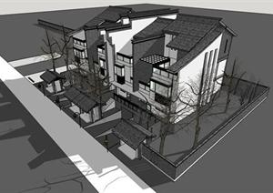 新中式联排别墅建筑方案设计SU(草图大师)模型