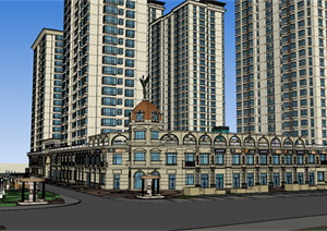 某临湖欧式住宅小区建筑设计方案SU(草图大师)模型（包括中庭景观和临街商业）