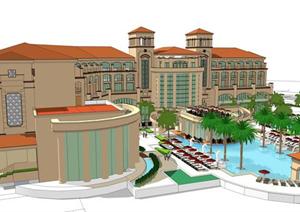 某西班牙风格酒店建筑方案设计SU(草图大师)模型（带精细泳池方案）