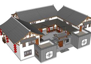 某新中式合院式乡村旅馆建筑设计SU(草图大师)模型