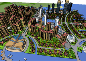 某现代临海城市规划设计及景观sketchup模型