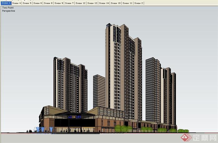 某现代商住建筑设计方案su模型效果图（1）