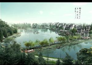 某现代中式滨水公园中水景区景观设计方案效果图2（PSD格式）