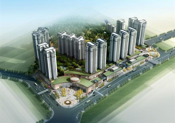 遵义某新中式商业广场及住宅楼建筑设计方案SU模型鸟瞰图(1)
