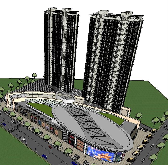 某现代高层住宅及商业广场建筑设计方案SU模型(1)
