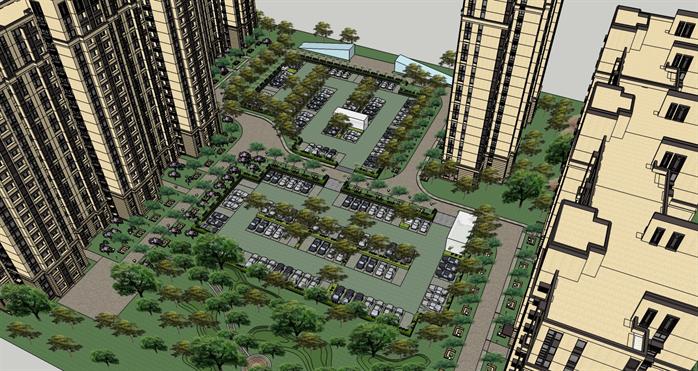 某新古典风格住宅小区景观规划设计SU模型（含停车场设计）