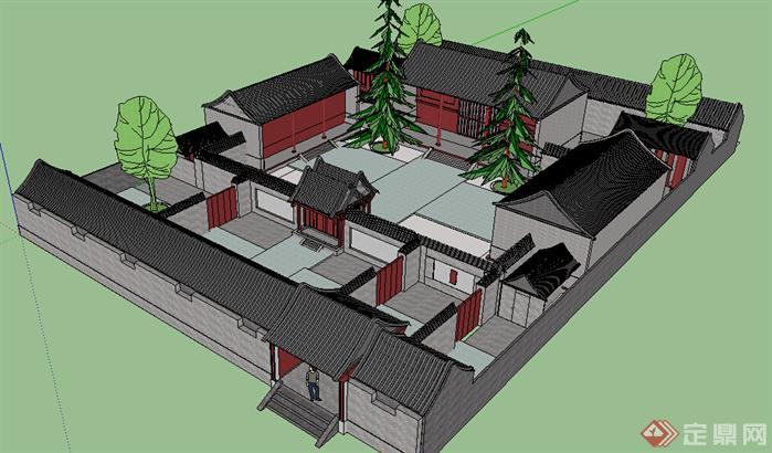 某新中式四合院建筑设计方案su模型(2)