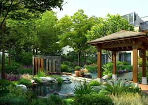 园林景观之新中式庭院花园水池、景亭效果图（PSD格式）