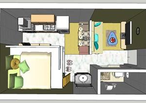 某现代单身公寓室内装饰设计方案（含SU(草图大师)模型，CAD图）