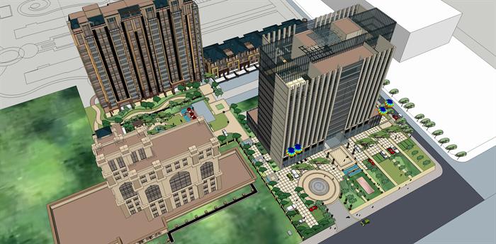 某现代住宅小区、商业广场、 酒店综合建筑设计方案SU模型(1)