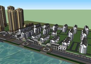休宁某新中式别墅建筑、高层小区住宅楼、商业街建筑设计方案SU(草图大师)模型