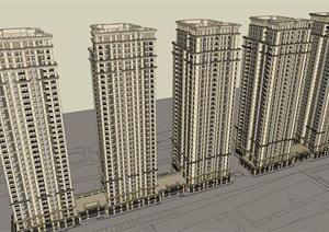 某新古典超高层小区建筑、裙楼商业建筑设计方案SU(草图大师)模型