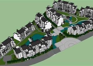 某新中式小高层住宅小区建筑设计SU(草图大师)模型