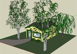 树和房子的景观设计SU(草图大师)模型素材