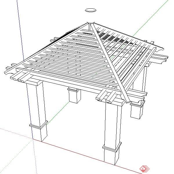 一个现代中式风格3D木亭搭架SU模型素材