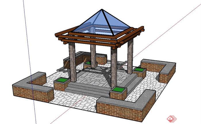 一个现代中式风格四角古典景观亭SU设计模型素材(1)