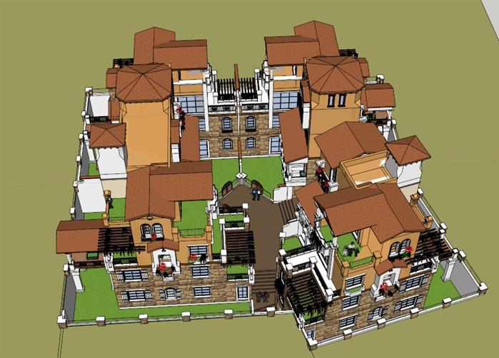 某地中海风格合院住宅建筑设计设计方案su模型(2)
