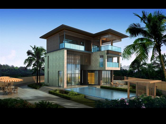 某现代滨海度假独栋别墅建筑设计方案SU模型（附CAD图纸、效果图）(1)